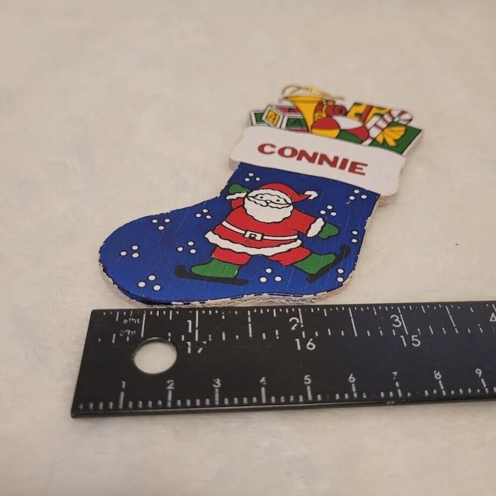 Vintage Wooden Christmas Stocking Ornament Santa Toys Custom Name Connie - Picture 6 of 6